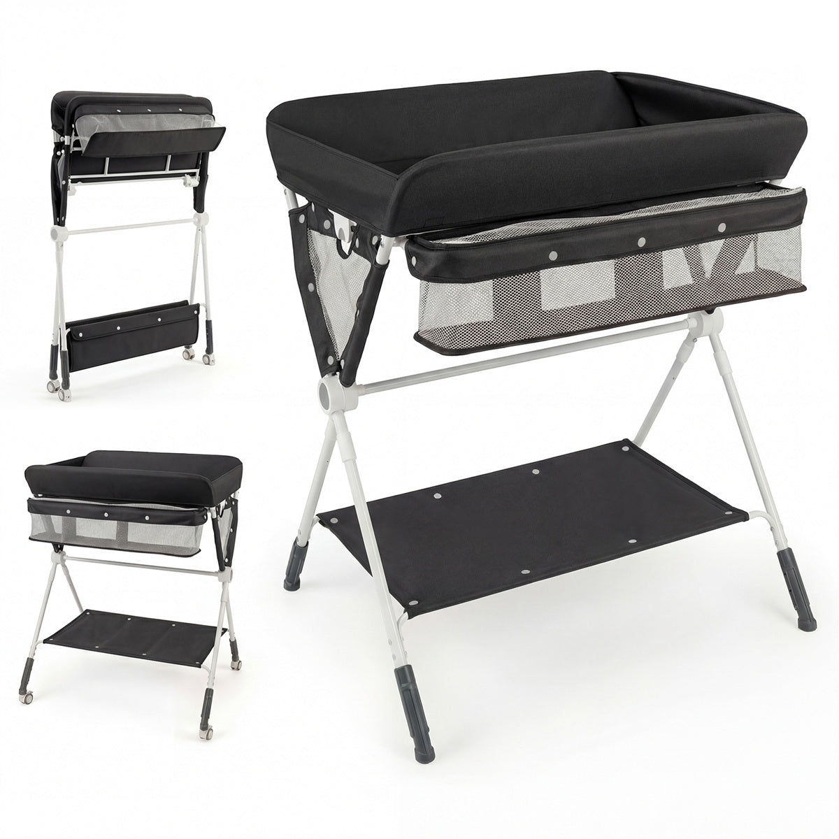 Costway Table à Langer Pliante pour Bébé Table à Langer Portable Réglable en Hauteur sur 3 Niveaux avec Roulettes Étagère et Panier Station Noir
