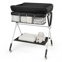 Costway Table à Langer Pliante pour Bébé Table à Langer Portable Réglable en Hauteur sur 3 Niveaux avec Roulettes Étagère et Panier Station Noir