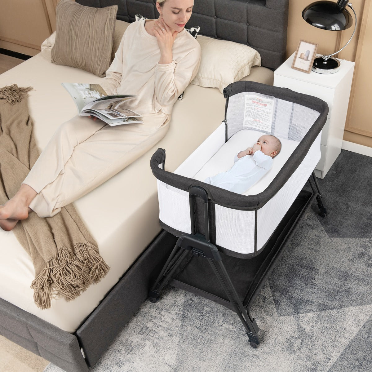 Costway Lit de Chevet pour Bébé Berceau Lit Pliant Portable Berceau Réglable avec Rangement Noir