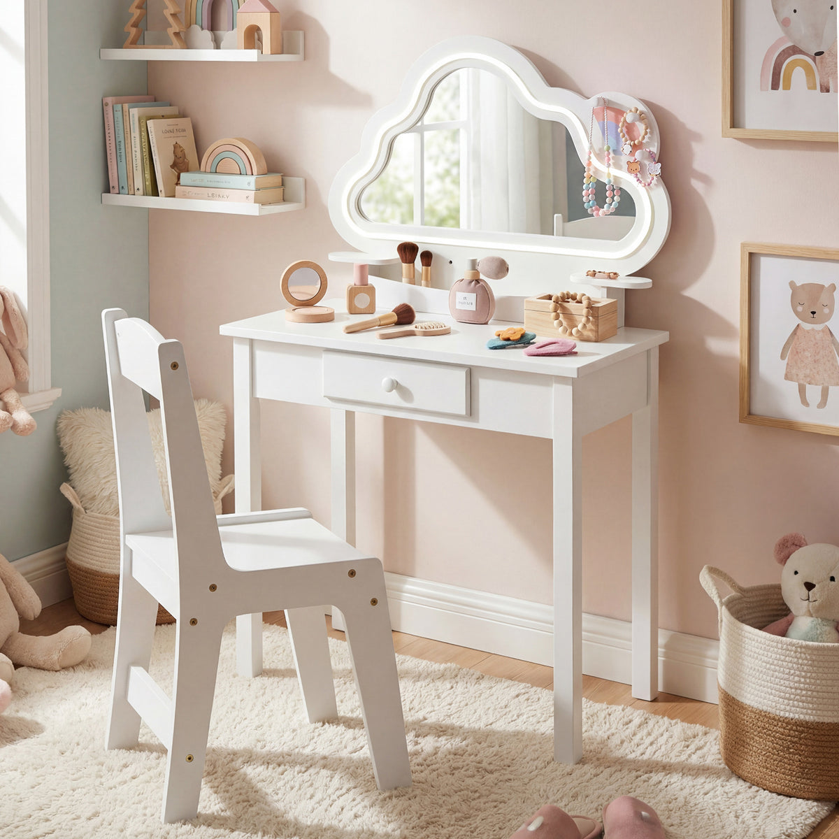Costway 2 en 1 Coiffeuse Enfant avec Miroir Forme Nuage Lumière LED & Chaise Table de Maquillage Princesse Transformable en Bureau pour 3-6 Ans Blanc