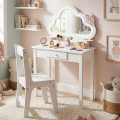 Costway 2 en 1 Coiffeuse Enfant avec Miroir Forme Nuage Lumière LED & Chaise Table de Maquillage Princesse Transformable en Bureau pour 3-6 Ans Blanc