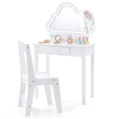 Costway 2 en 1 Coiffeuse Enfant avec Miroir Forme Nuage Lumière LED & Chaise Table de Maquillage Princesse Transformable en Bureau pour 3-6 Ans Blanc