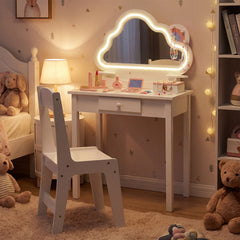 Costway 2 en 1 Coiffeuse Enfant avec Miroir Forme Nuage Lumière LED & Chaise Table de Maquillage Princesse Transformable en Bureau pour 3-6 Ans Blanc