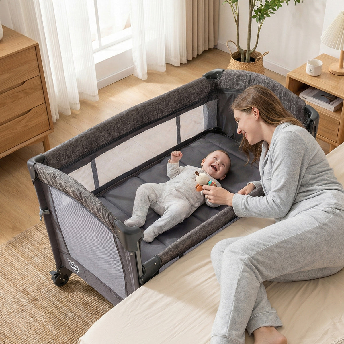 Costway Lit Bébé 5 en 1 Berceau Bébé avec Hauteur Réglable Table à Langer Amovible Matelas Maille Respirante Sac de Transport pour 0-36 Mois Gris