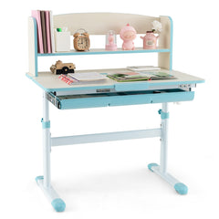 Costway Bureau d'Etude pour Enfants Réglable en Hauteur Plateau Inclinable avec Huche Tiroir Règle de Mesures pour 3-12 Ans Bleu