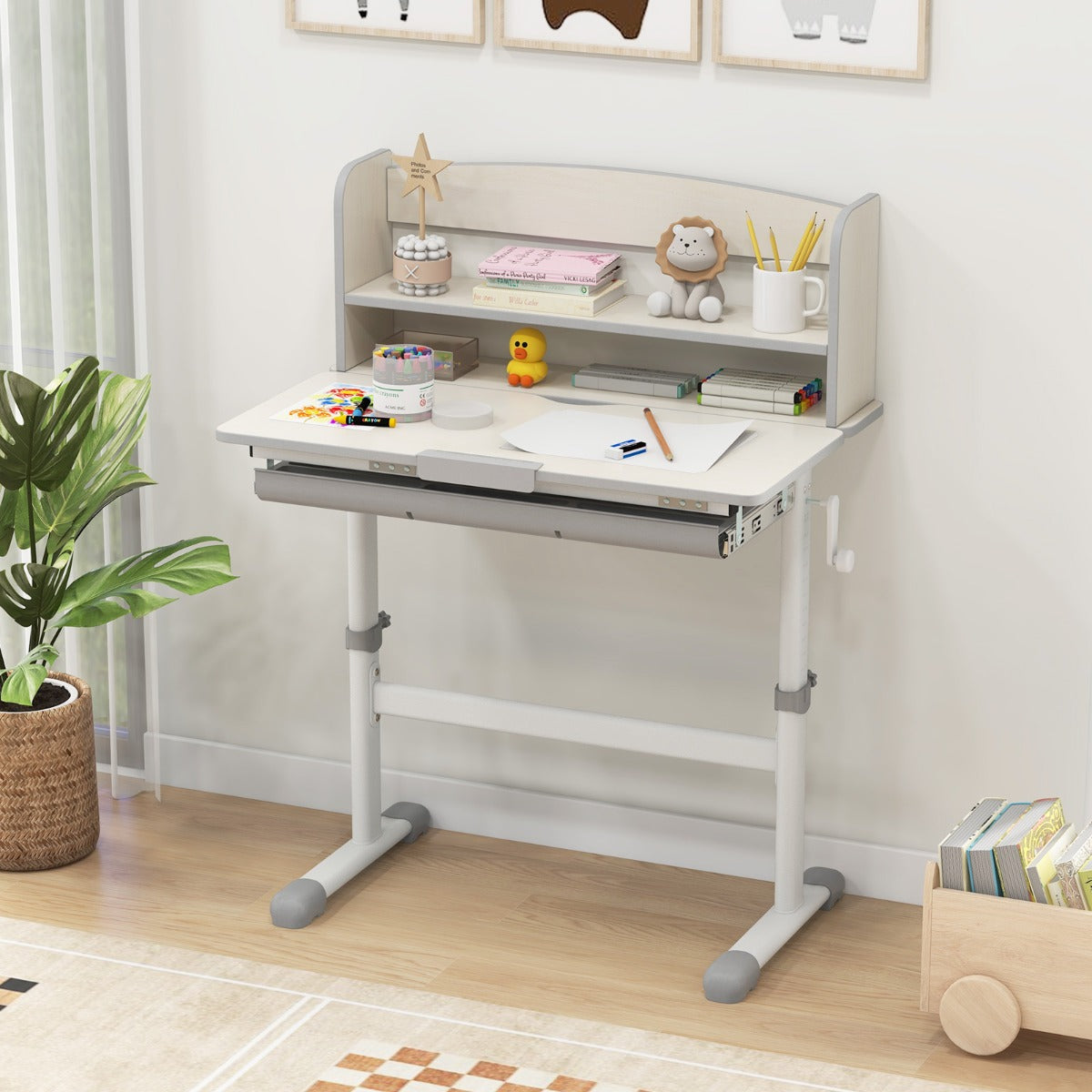 Costway Bureau d'Etude pour Enfants Réglable en Hauteur Plateau Inclinable avec Huche Tiroir Règle de Mesures pour 3-12 Ans Gris