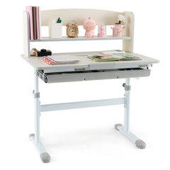 Costway Bureau d'Etude pour Enfants Réglable en Hauteur Plateau Inclinable avec Huche Tiroir Règle de Mesures pour 3-12 Ans Gris
