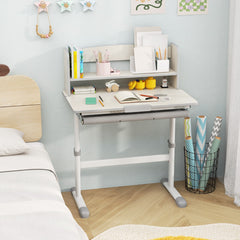 Costway Bureau d'Etude pour Enfants Réglable en Hauteur Plateau Inclinable avec Huche Tiroir Règle de Mesures pour 3-12 Ans Gris