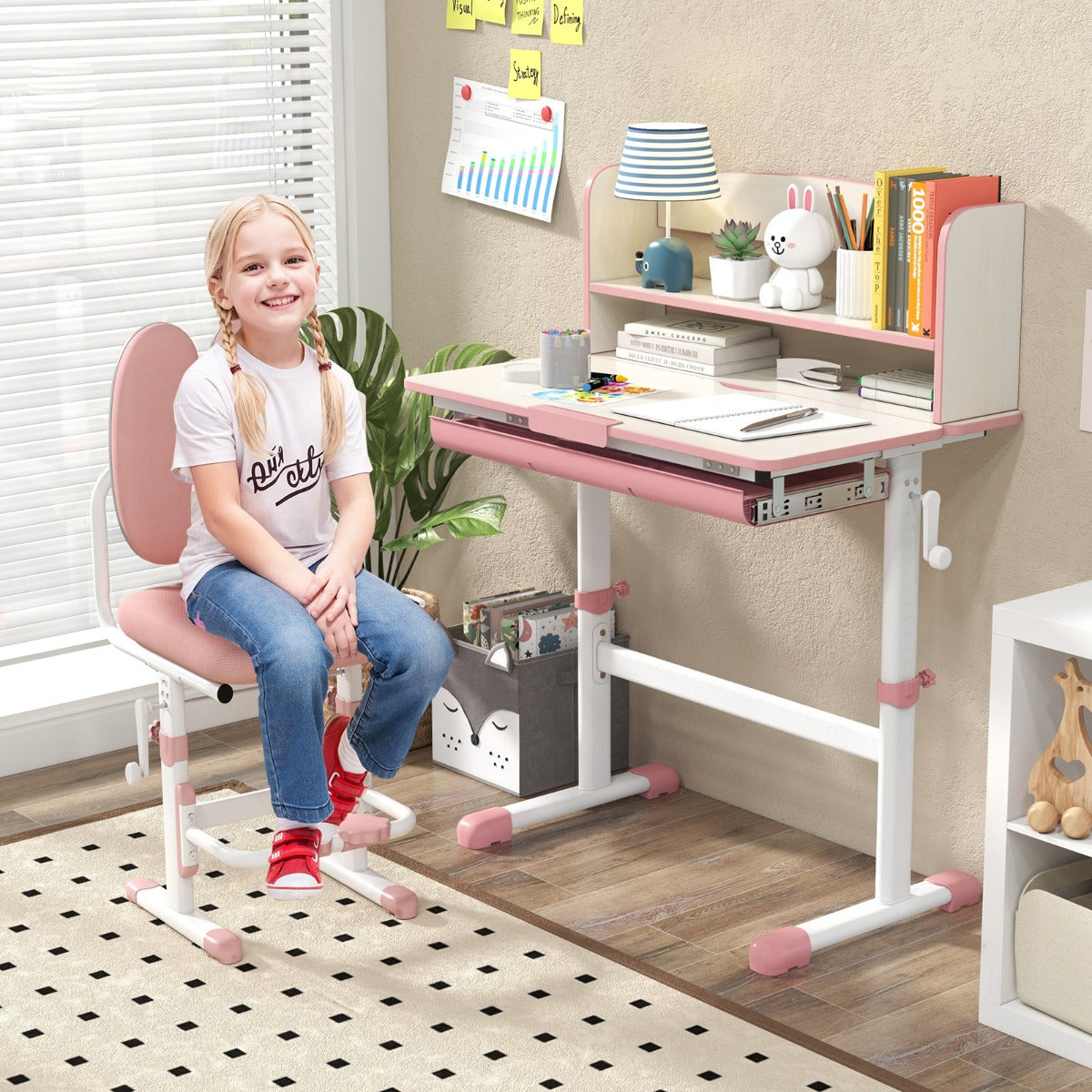 Costway Bureau d'Etude pour Enfants Réglable en Hauteur Plateau Inclinable avec Huche Tiroir Règle de Mesures pour 3-12 Ans Rose