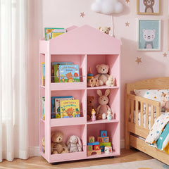 Costway Meuble de Rangement Enfant Bibliothèque en Bois en Forme de Maison Étagères Ouvertes & Compartiments Organisateur 64,5 x 30 x 117 cm Rose