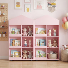 Costway Meuble de Rangement Enfant Bibliothèque en Bois en Forme de Maison Étagères Ouvertes & Compartiments Organisateur 64,5 x 30 x 117 cm Rose