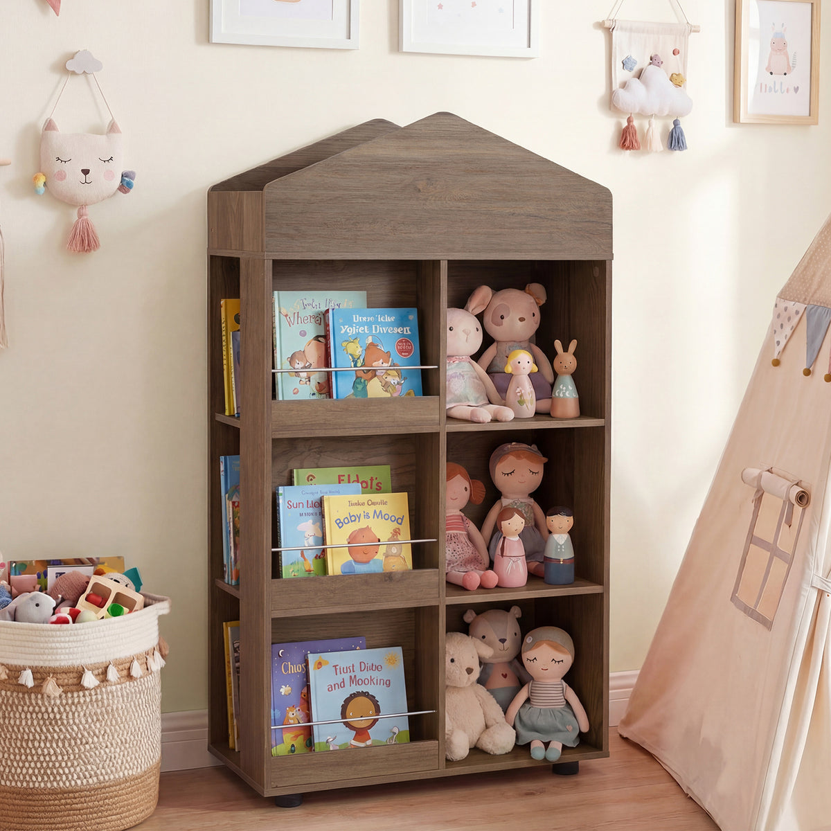Costway Meuble de Rangement Enfant Bibliothèque en Bois en Forme de Maison Étagères Ouvertes & Compartiments Organisateur 64,5 x 30 x 117 cm Naturel