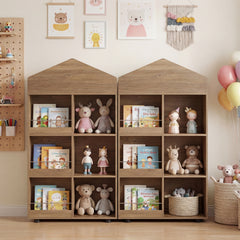 Costway Meuble de Rangement Enfant Bibliothèque en Bois en Forme de Maison Étagères Ouvertes & Compartiments Organisateur 64,5 x 30 x 117 cm Naturel