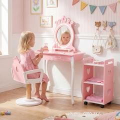 Costway Meuble de Maquillage en Bois pour Enfants de 3 à 7 Ans Coiffeuse pour Enfants avec Miroir Lumineux Chaises Pivotantes et Chariot Rose