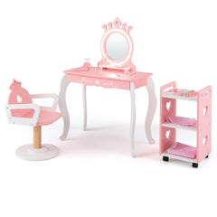 Costway Meuble de Maquillage en Bois pour Enfants de 3 à 7 Ans Coiffeuse pour Enfants avec Miroir Lumineux Chaises Pivotantes et Chariot Rose