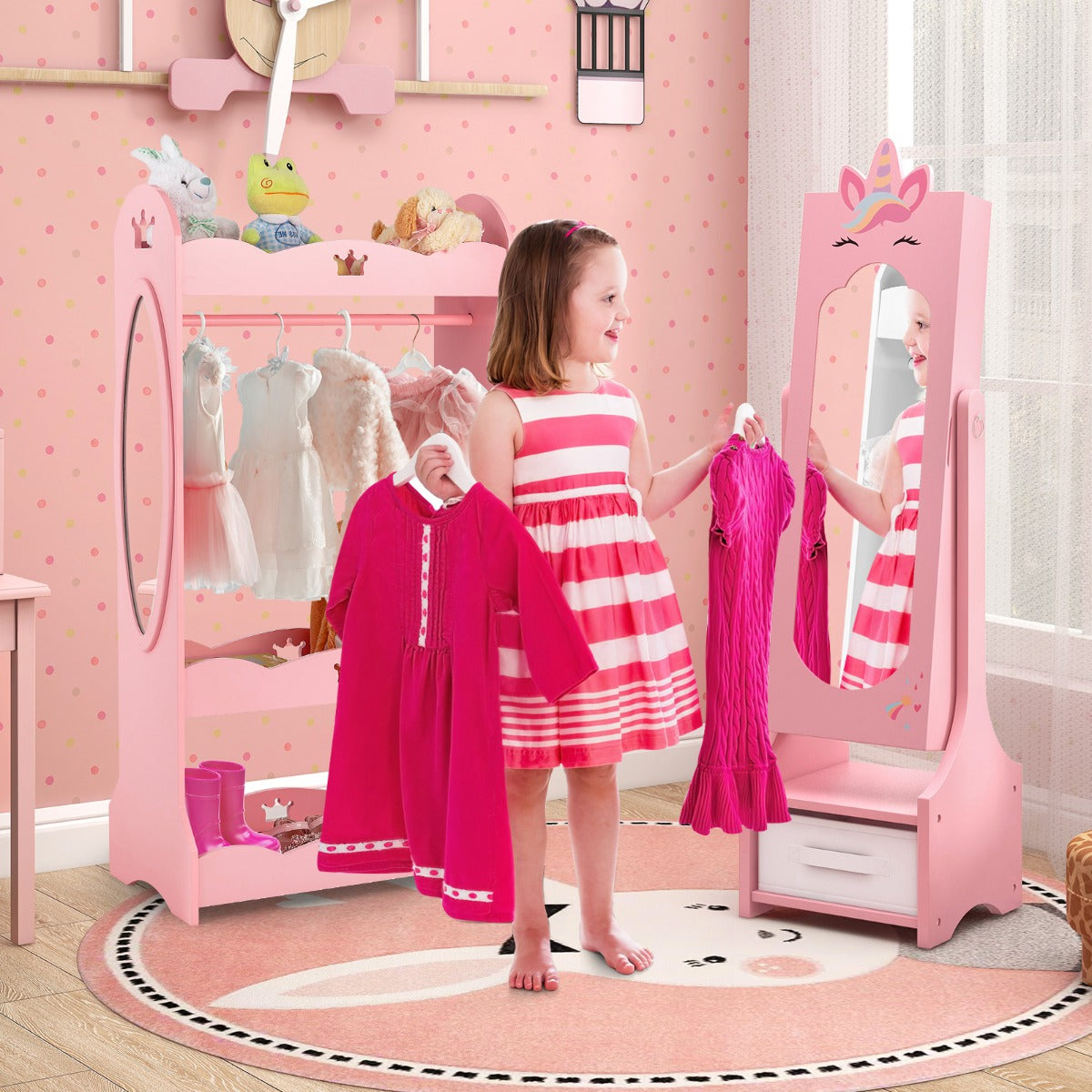 Costway Armoire à Bijoux pour Enfants Miroir sur Pied Miroir de Courtoisie pour Enfants Crochets Tiroir 2 Angles d'Inclinaison Motif Licorne Rose