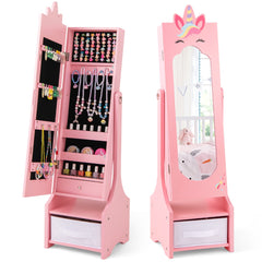 Costway Armoire à Bijoux pour Enfants Miroir sur Pied Miroir de Courtoisie pour Enfants Crochets Tiroir 2 Angles d'Inclinaison Motif Licorne Rose