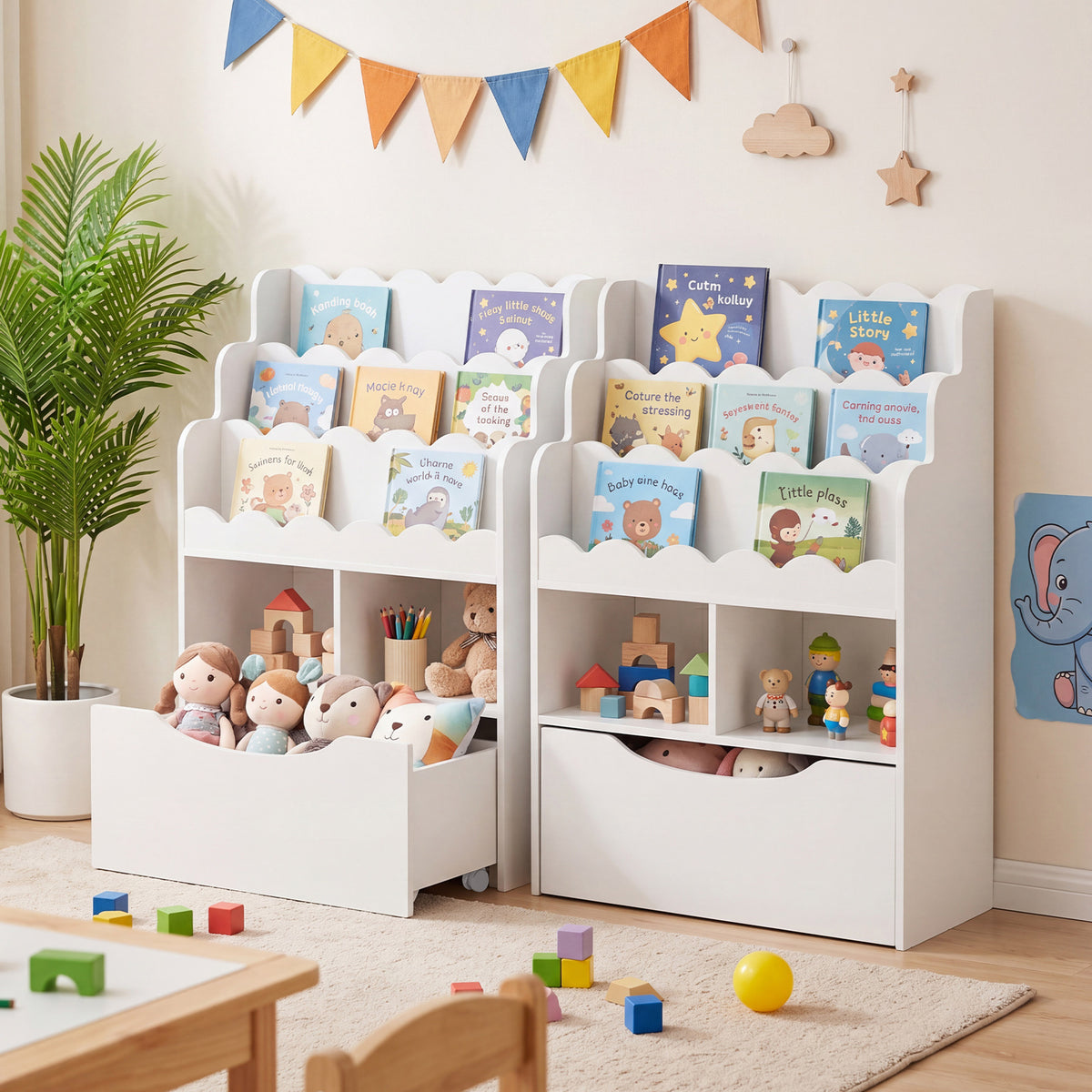 Costway Bibliotheque Enfant à 5 Niveaux avec Tiroir sur Roulettes Etagere Livre Enfant avec 2 Compartiments Ouverts 60 x 30 x 91 cm Blanc
