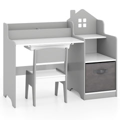 Costway Ensemble Bureau et Chaise pour Enfants Bureau d'Étude avec Étagères Ouvertes Tiroir et Panier en pour Garçons et Filles de 3 Ans Gris
