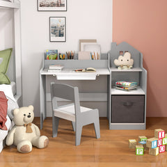 Costway Ensemble Bureau et Chaise pour Enfants Bureau d'Étude avec Étagères Ouvertes Tiroir et Panier en pour Garçons et Filles de 3 Ans Gris