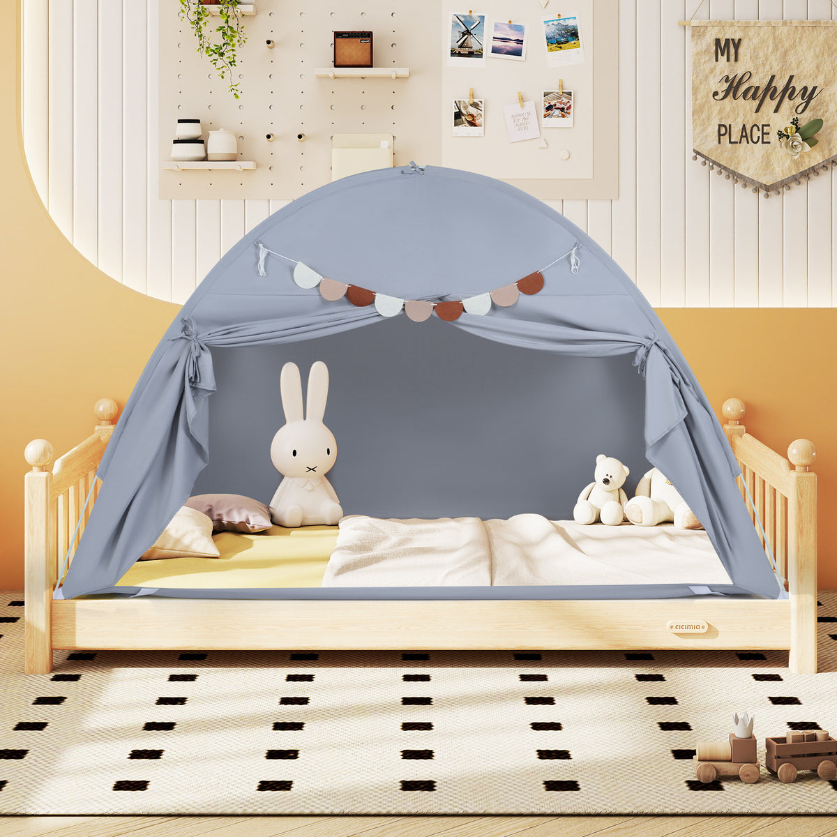 Costway Tente de Lit Double Jumeau pour Enfants Tente Pliante et Portable pour Lit Superposé Double avec 2 Fenêtres et Drapeaux pour 3+ Ans Gris