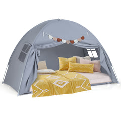 Costway Tente de Lit Double Jumeau pour Enfants Tente Pliante et Portable pour Lit Superposé Double avec 2 Fenêtres et Drapeaux pour 3+ Ans Gris
