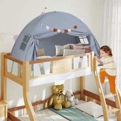 Costway Tente de Lit Double Jumeau pour Enfants Tente Pliante et Portable pour Lit Superposé Double avec 2 Fenêtres et Drapeaux pour 3+ Ans Gris