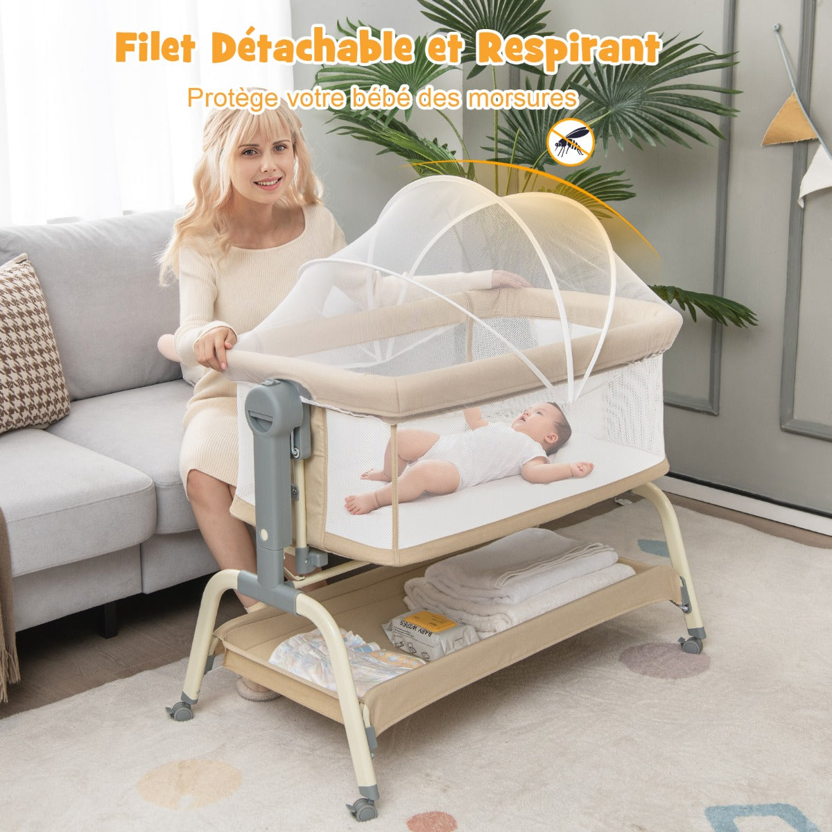 Costway Bébé avec 6 Hauteurs Réglables Berceau Bébé avec Filet Matelas Inclinaison Réglable 4 Roulettes Verrouillables Lit de Voyage Charge 9kg Beige