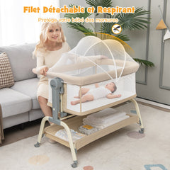 Costway Bébé avec 6 Hauteurs Réglables Berceau Bébé avec Filet Matelas Inclinaison Réglable 4 Roulettes Verrouillables Lit de Voyage Charge 9kg Beige