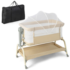 Costway Bébé avec 6 Hauteurs Réglables Berceau Bébé avec Filet Matelas Inclinaison Réglable 4 Roulettes Verrouillables Lit de Voyage Charge 9kg Beige