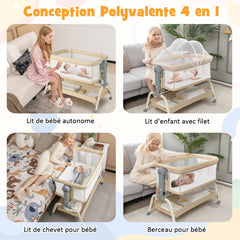 Costway Bébé avec 6 Hauteurs Réglables Berceau Bébé avec Filet Matelas Inclinaison Réglable 4 Roulettes Verrouillables Lit de Voyage Charge 9kg Beige
