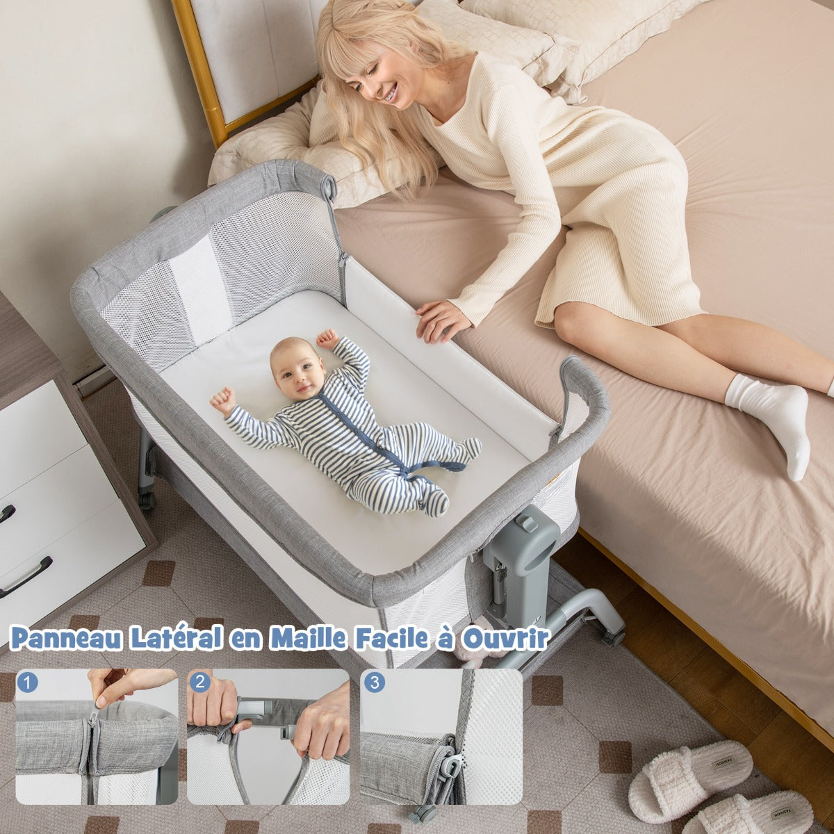 Costway Bébé avec 6 Hauteurs Réglables Berceau Bébé avec Filet Matelas Inclinaison Réglable 4 Roulettes Verrouillables Lit de Voyage Charge 9kg Gris