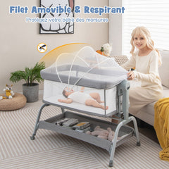 Costway Bébé avec 6 Hauteurs Réglables Berceau Bébé avec Filet Matelas Inclinaison Réglable 4 Roulettes Verrouillables Lit de Voyage Charge 9kg Gris