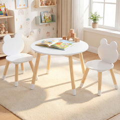 Costway Ensemble Table et Chaises pour Enfants Bureau Multi-Activités avec Chaises en Forme de Grenouille et Pieds en Bois pour 3 Ans+ Blanc