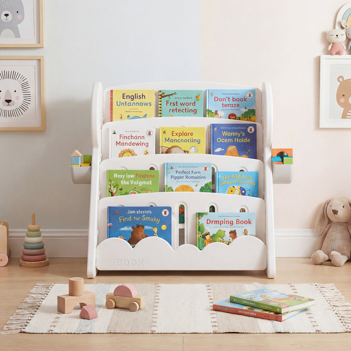 Costway Bibliothèque Enfants à 4 Niveaux Meuble à Livres pour Tout-petits avec 2 Boîtes de Rangement et Étagère Inférieure Réversible Gris