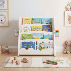 Costway Bibliothèque Enfants à 4 Niveaux Meuble à Livres pour Tout-petits avec 2 Boîtes de Rangement et Étagère Inférieure Réversible Gris