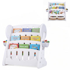 Costway Bibliothèque Enfants à 4 Niveaux Meuble à Livres pour Tout-petits avec 2 Boîtes de Rangement et Étagère Inférieure Réversible Gris