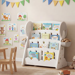 Costway Bibliothèque Enfants à 4 Niveaux Meuble à Livres pour Tout-petits avec 2 Boîtes de Rangement et Étagère Inférieure Réversible Gris