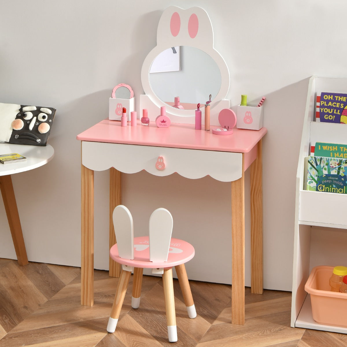 Costway Coiffeuse avec Tabouret pour Enfants Miroir Amouvible avec 1 Tiroirs 2 Boîtes de rangement Rose