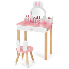 Costway Coiffeuse avec Tabouret pour Enfants Miroir Amouvible avec 1 Tiroirs 2 Boîtes de rangement Rose