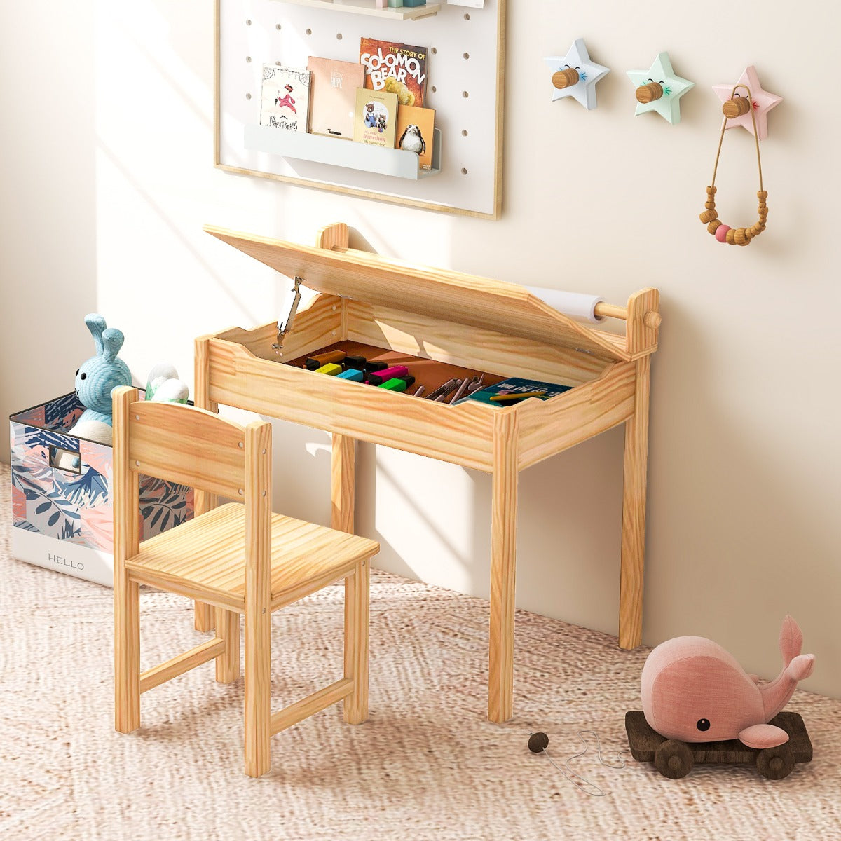 Costway Table Multi-activités avec Chaise Table D'art et D'artisanat pour Enfants Support de Rouleau de Papier Rangement Rouleau de Papier 2 Marqueurs Naturel