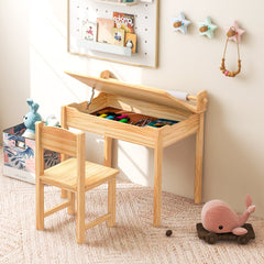 Costway Table Multi-activités avec Chaise Table D'art et D'artisanat pour Enfants Support de Rouleau de Papier Rangement Rouleau de Papier 2 Marqueurs Naturel