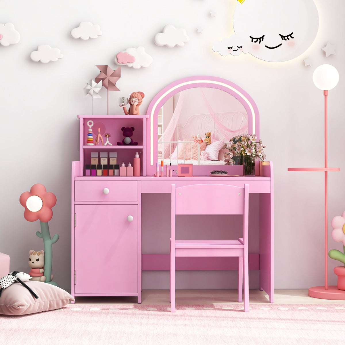 Costway Coiffeuse et Tabouret pour Enfants avec Miroir et 120 Lumières LED Bureau Enfants avec Chaise 2 Étagères et Tiroir Rose