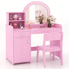 Costway Coiffeuse et Tabouret pour Enfants avec Miroir et 120 Lumières LED Bureau Enfants avec Chaise 2 Étagères et Tiroir Rose