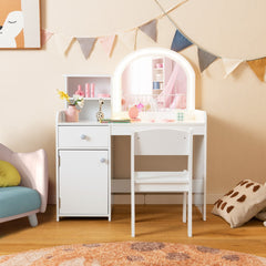 Costway Coiffeuse et Tabouret pour Enfants avec Miroir et 120 Lumières LED Bureau Enfants avec Chaise 2 Étagères et Tiroir Blanc