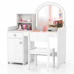 Costway Coiffeuse et Tabouret pour Enfants avec Miroir et 120 Lumières LED Bureau Enfants avec Chaise 2 Étagères et Tiroir Blanc