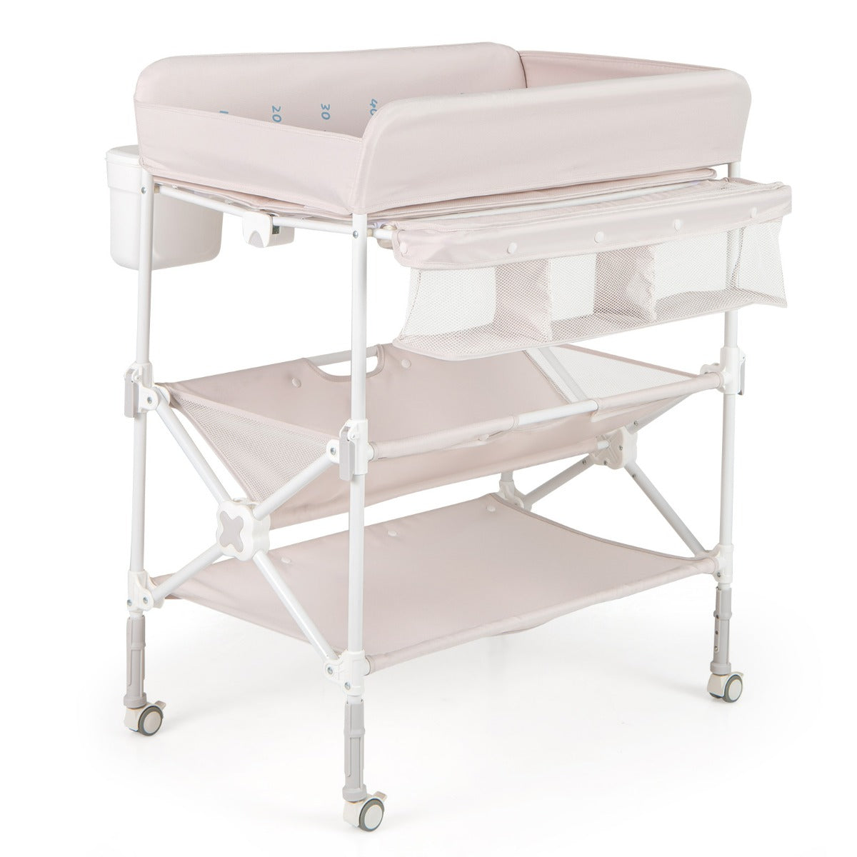 Costway Table à Langer Portable pour Bébé avec Roulettes Station Pliable Imperméable à Hauteur Réglable Étagères et Poubelle Organiseur Rose