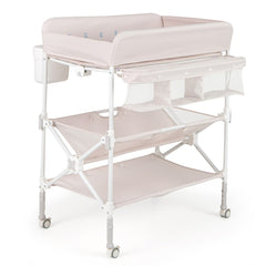 Costway Table à Langer Portable pour Bébé avec Roulettes Station Pliable Imperméable à Hauteur Réglable Étagères et Poubelle Organiseur Rose