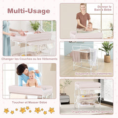 Costway Table à Langer Portable pour Bébé avec Roulettes Station Pliable Imperméable à Hauteur Réglable Étagères et Poubelle Organiseur Rose