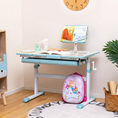 Costway Bureau d'Etude pour Enfants Réglable en Hauteur Plateau Inclinable pour 3-12 Ans + Chaise à Roulettes Hauteur Réglable 80-91,5CM Bleu